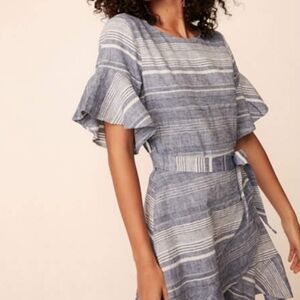 Express Champray Striped Linen Wrap Ruffle Dress M
